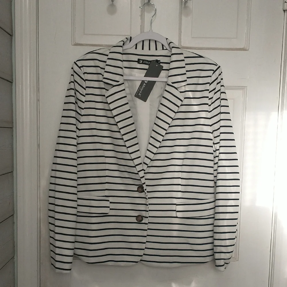 Allegra K White and Black Striped Blazer - Picture 1 of 6